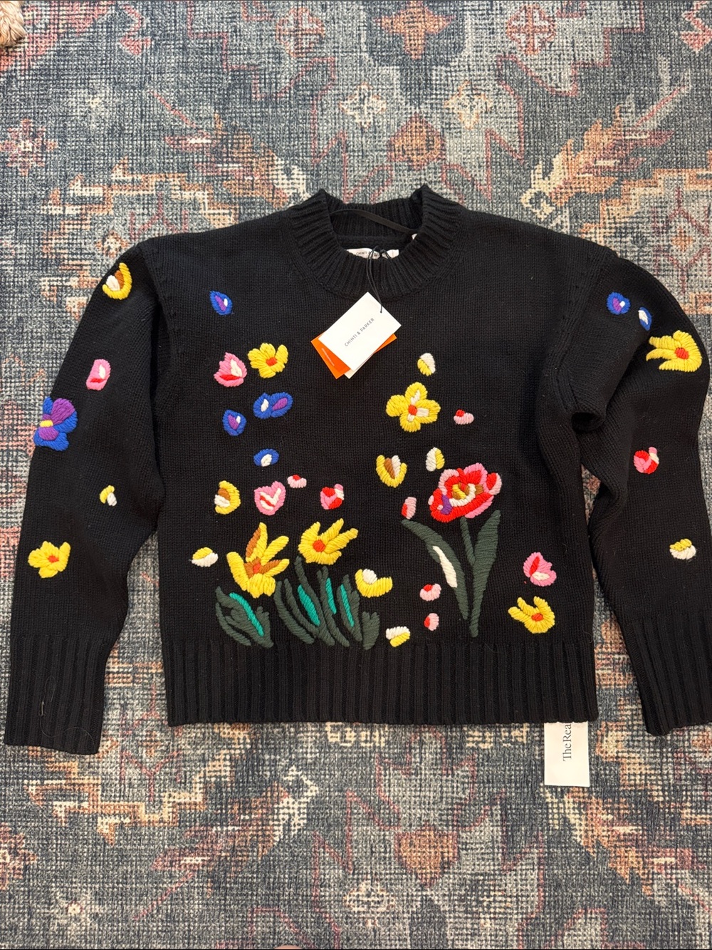 Chinti & Parker Charleston Hand Embroidered Wool Sweater Black Wildflower NWT